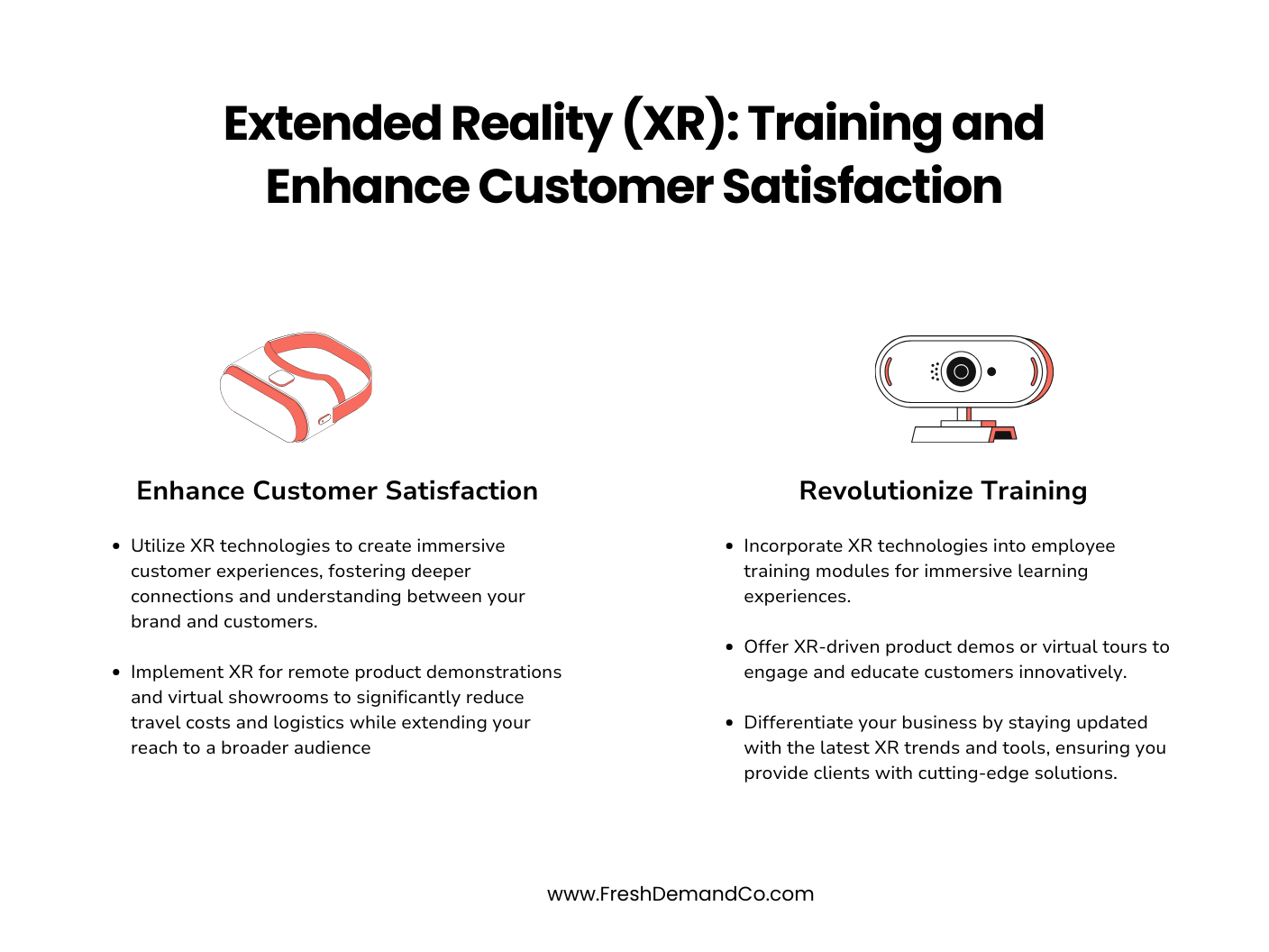 Graphic titled 'Extended Reality (XR): Training and Enhance Customer Satisfaction'. Two primary focuses illustrated: 'Enhance Customer Satisfaction' with an image of a VR headset. Main points discuss utilizing XR technologies for immersive customer experiences and implementing XR for remote product demonstrations and virtual showrooms. 'Revolutionize Training' with an image of a VR camera setup. Points emphasize incorporating XR technologies for immersive employee training, offering XR-driven demos, and staying updated with XR trends. The website 'www.FreshDemandCo.com' is at the bottom."