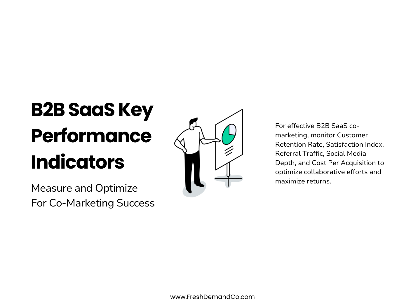 Infographic entitled, B2B SaaS Key Performance Indicators and subheading, Measure and Optimize For Co-Marketing Success. Depicts a man with a chat showing a pie chart. Includes text related to the top B2B SaaS Marketing key performance indicators.