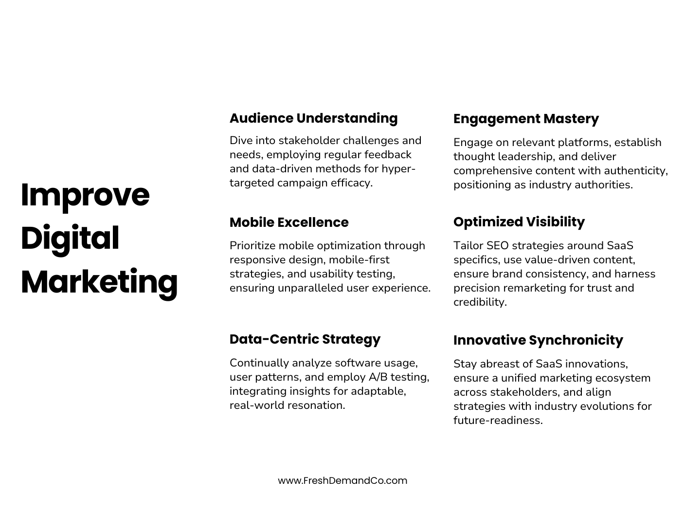 Infographic entitled, Improve Digital Marketing. Includes six corresponding subheadings and action-oriented takeaways: Mobile Excellence Audience Understanding Data-Centric Strategy Optimized Visibility Engagement Mastery Innovative Synchronicity.