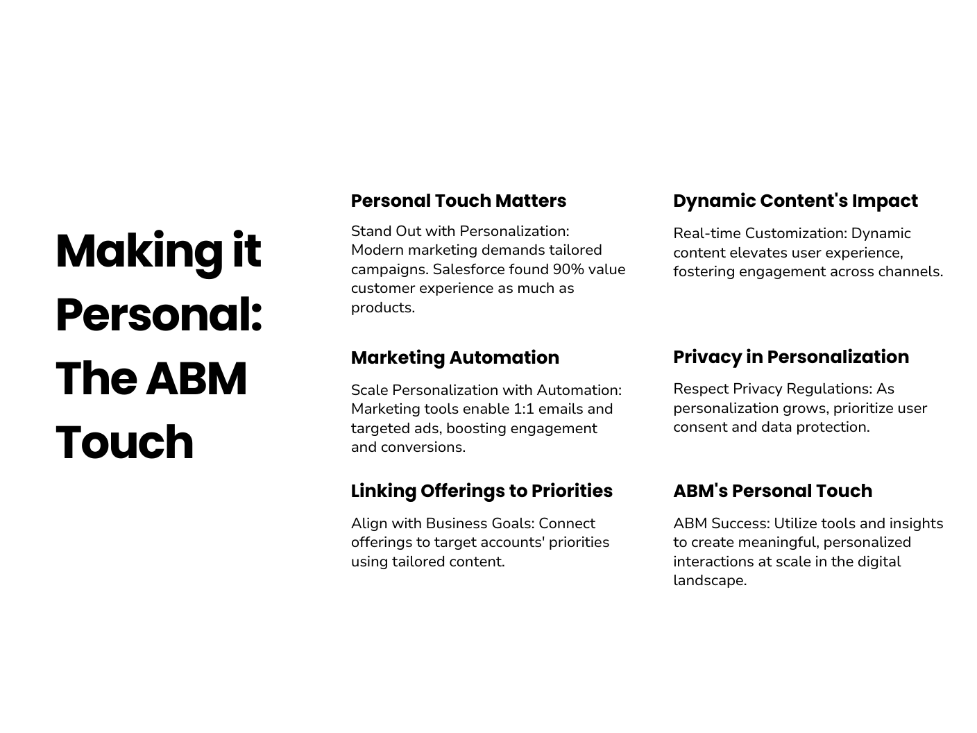 Infographic titled 'Making it Personal: The ABM Touch.' The content is segmented into six distinct sections: 'Personal Touch Matters': Highlights the significance of personalization in modern marketing. It notes that tailored campaigns are essential and cites Salesforce's finding that 90% of customers value personalized experiences as much as the products themselves. 'Marketing Automation': Emphasizes the role of automation tools in scaling personalization. These tools facilitate one-to-one emails, targeted advertisements, and improve overall engagement and conversion rates. 'Dynamic Content's Impact': Discusses the transformative power of real-time customized content, asserting that dynamic content enriches user experience and bolsters engagement across various channels. 'Privacy in Personalization': Stresses the importance of adhering to privacy regulations. As personalization practices expand, businesses should prioritize obtaining user consent and ensuring data protection. 'Linking Offerings to Priorities': Talks about the alignment of business offerings with the priorities of targeted accounts. Tailored content should be designed with the specific needs and goals of these accounts in mind. 'ABM's Personal Touch': Captures the essence of Account-Based Marketing's success, which lies in leveraging the right tools and insights. This enables businesses to deliver impactful, personalized interactions at a large scale in the digital realm.