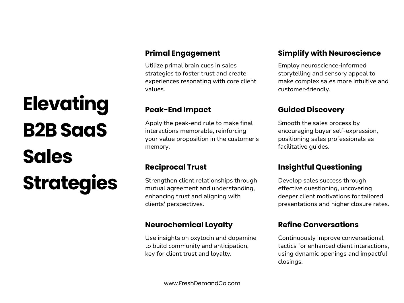 Infographic entitled, Elevating B2B SaaS Sales Strategies Primal Engagement Utilize primal brain cues in sales strategies to foster trust and create experiences resonating with core client values. Peak-End Impact Apply the peak-end rule to make final interactions memorable, reinforcing your value proposition in the customer's memory. Reciprocal Trust Strengthen client relationships through mutual agreement and understanding, enhancing trust and aligning with clients' perspectives. Neurochemical Loyalty Use insights on oxytocin and dopamine to build community and anticipation, key for client trust and loyalty. Simplify with Neuroscience Employ neuroscience-informed storytelling and sensory appeal to make complex sales more intuitive and customer-friendly. Guided Discovery Smooth the sales process by encouraging buyer self-expression, positioning sales professionals as facilitative guides. Insightful Questioning Develop sales success through effective questioning, uncovering deeper client motivations for tailored presentations and higher closure rates. Refine Conversations Continuously improve conversational tactics for enhanced client interactions, using dynamic openings and impactful closings.