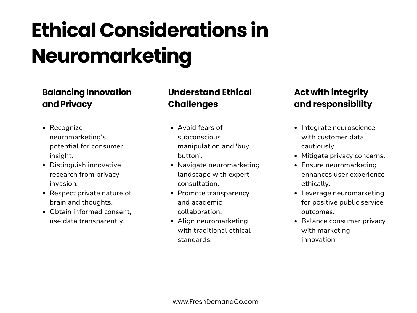Ethical Considerations in Neuromarketing 1. Balancing Innovation and Privacy - Recognize neuromarketing's potential for consumer insight. - Distinguish innovative research from privacy invasion. - Respect private nature of brain and thoughts. - Obtain informed consent, use data transparently. 2. Understand Ethical Challenges - Avoid fears of subconscious manipulation and 'buy button'. - Navigate neuromarketing landscape with expert consultation. - Promote transparency and academic collaboration. - Align neuromarketing with traditional ethical standards. 3. Act with integrity and responsibility - Integrate neuroscience with customer data cautiously. - Mitigate privacy concerns. - Ensure neuromarketing enhances user experience ethically. - Leverage neuromarketing for positive public service outcomes. - Balance consumer privacy with marketing innovation.